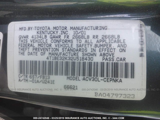 4T1BE32K32U518430 - 2002 TOYOTA CAMRY LE/XLE/SE GRAY photo 9