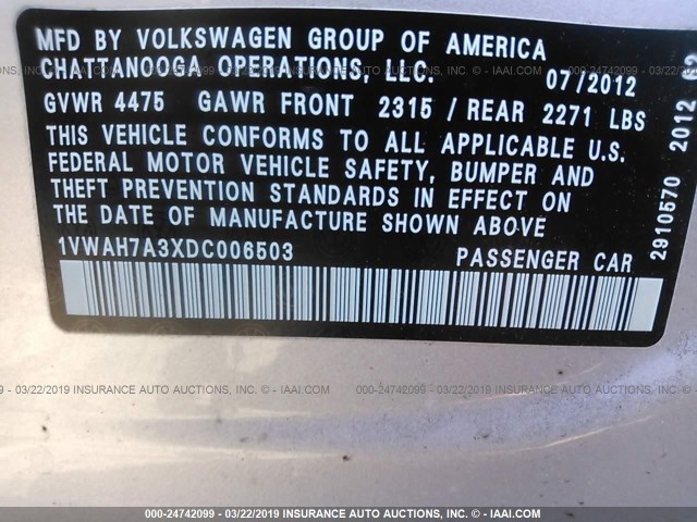 1VWAH7A3XDC006503 - 2013 VOLKSWAGEN PASSAT S SILVER photo 9