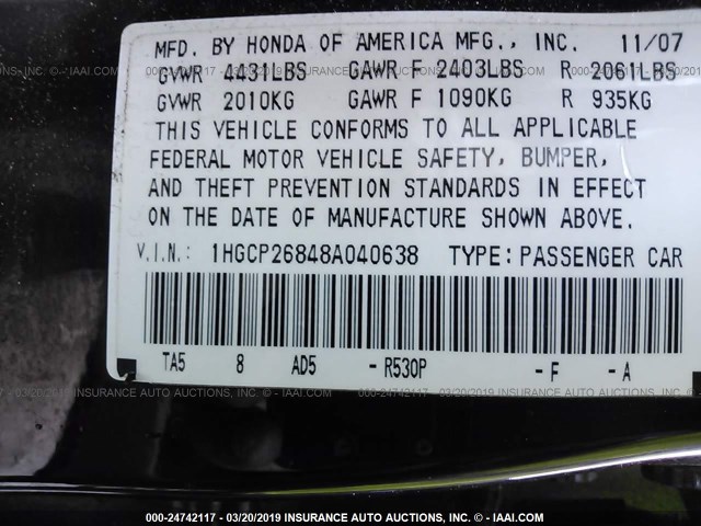 1HGCP26848A040638 - 2008 HONDA ACCORD EXL Bordo foto 9