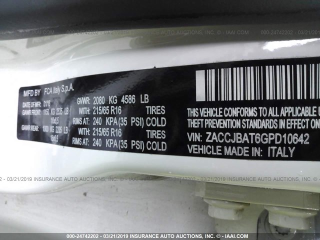 ZACCJBAT6GPD10642 - 2016 JEEP RENEGADE SPORT Սպիտակ լուսանկար 9