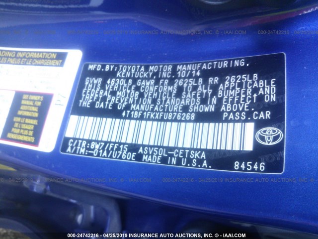 4T1BF1FKXFU876268 - 2015 TOYOTA CAMRY LE/XLE/SE/XSE ლურჯი ფოტო 9