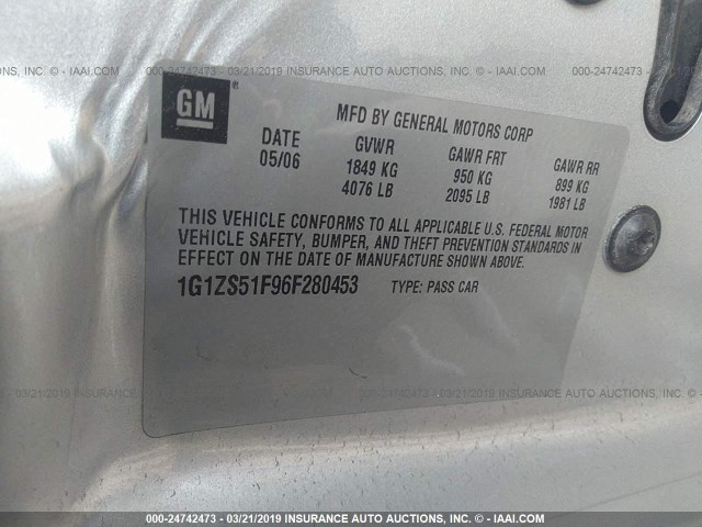 1G1ZS51F96F280453 - 2006 CHEVROLET MALIBU LS SILVER photo 9