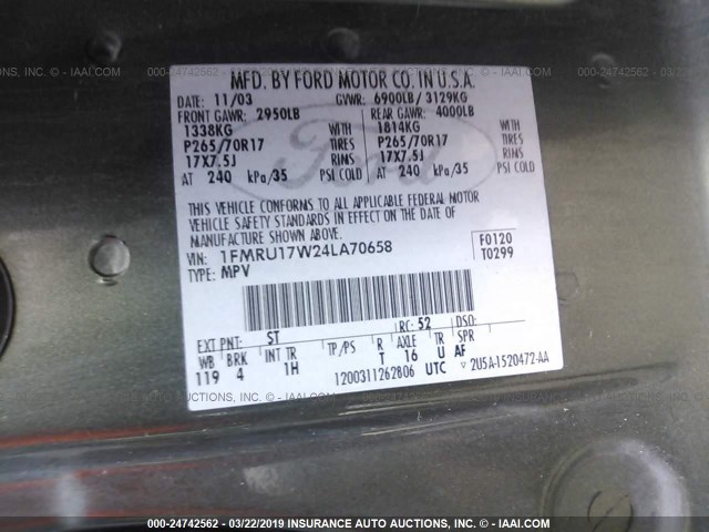 1FMRU17W24LA70658 - 2004 FORD EXPEDITION EDDIE BAUER GREEN photo 9