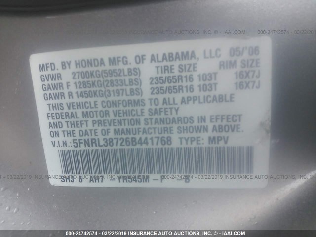 5FNRL38726B441768 - 2006 HONDA ODYSSEY EXL GOLD photo 9