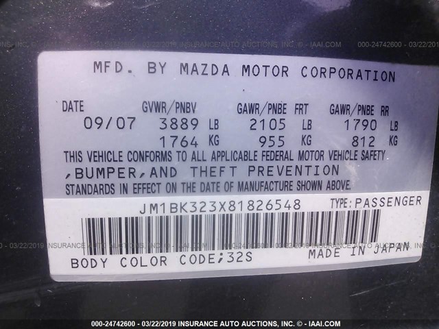 JM1BK323X81826548 - 2008 MAZDA 3 S GRAY photo 9