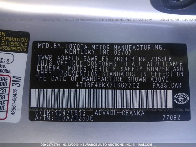 4T1BE46KX7U667702 - 2007 TOYOTA CAMRY NEW GENERAT CE/LE/XLE/SE SILVER photo 9