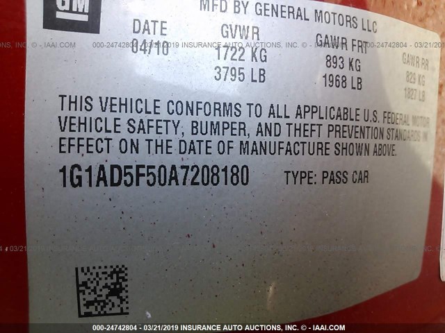 1G1AD5F50A7208180 - 2010 CHEVROLET COBALT 1LT RED photo 9