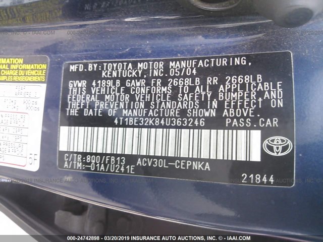 4T1BE32K84U363246 - 2004 TOYOTA CAMRY LE/XLE/SE BLUE photo 9