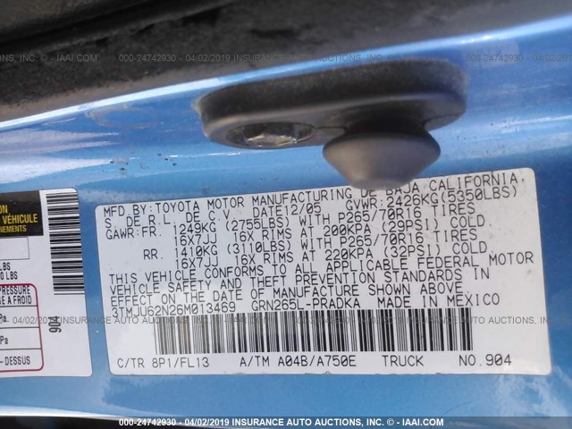 3TMJU62N26M013469 - 2006 TOYOTA TACOMA DOUBLE CAB PRERUNNER BLUE photo 9