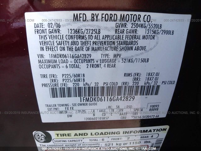 1FMDK06116GA42829 - 2006 FORD FREESTYLE LIMITED RED photo 9
