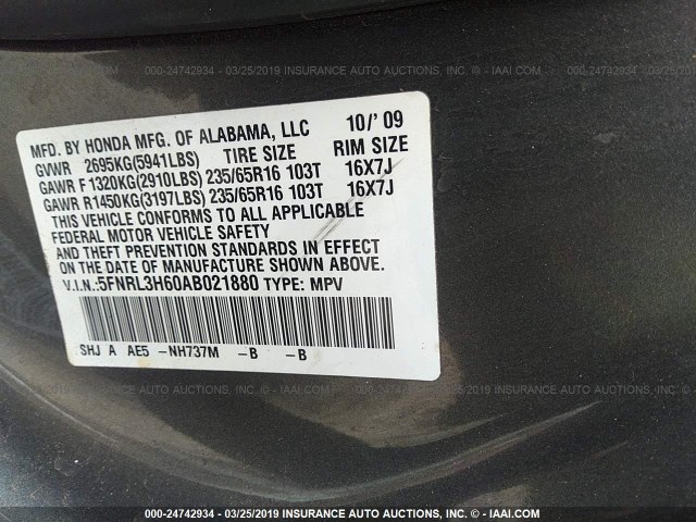 5FNRL3H60AB021880 - 2010 HONDA ODYSSEY EXL GRAY photo 9