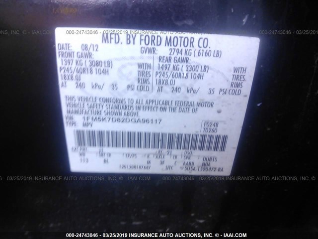 1FM5K7D82DGA96117 - 2013 FORD EXPLORER XLT BLACK photo 9