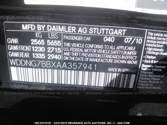 WDDNG7BBXAA357941 - 2010 MERCEDES-BENZ S 550 BLACK photo 9