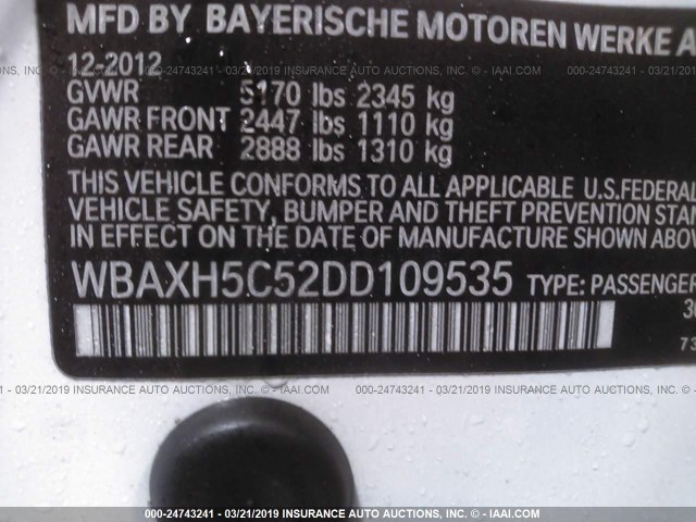 WBAXH5C52DD109535 - 2013 BMW 528 XI WHITE photo 9