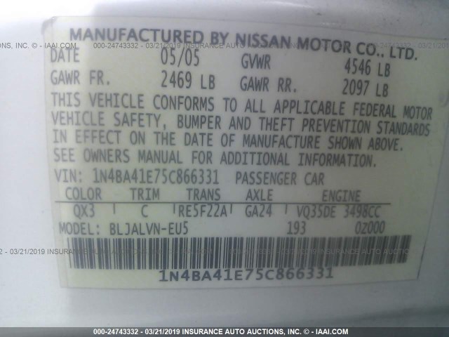 1N4BA41E75C866331 - 2005 NISSAN MAXIMA SE/SL WHITE photo 9