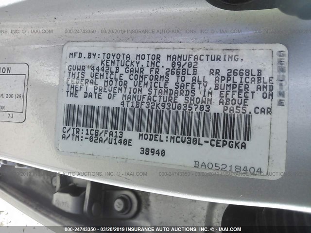 4T1BF32K93U035703 - 2003 TOYOTA CAMRY LE/XLE/SE SILVER photo 9