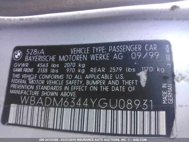 WBADM6344YGU08931 - 2000 BMW 528 I AUTOMATIC Күміс фото 9