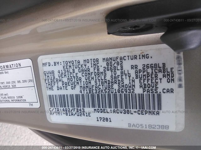 4T1BE32K52U106932 - 2002 TOYOTA CAMRY LE/XLE/SE GOLD photo 9