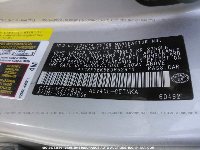 4T1BF3EK8BU652911 - 2011 TOYOTA CAMRY SE/LE/XLE GRAY photo 9