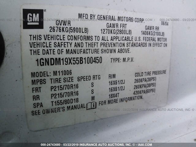 1GNDM19X55B100450 - 2005 CHEVROLET ASTRO WHITE photo 9