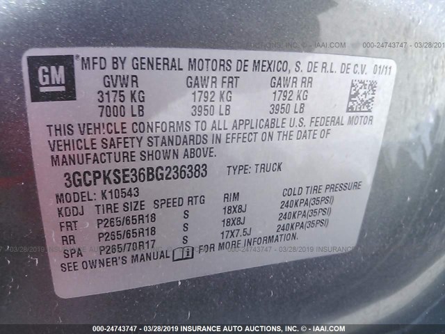 3GCPKSE36BG236383 - 2011 CHEVROLET SILVERADO K1500 LT GRAY photo 9