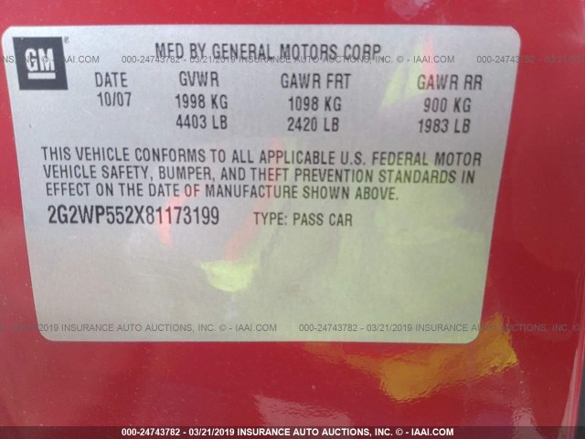 2G2WP552X81173199 - 2008 PONTIAC GRAND PRIX RED photo 9