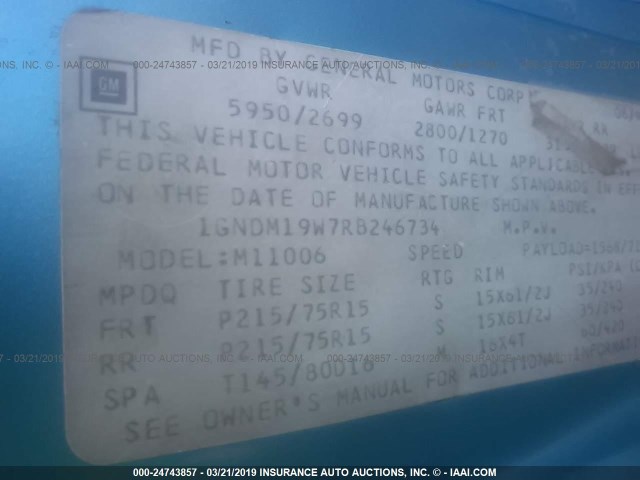 1GNDM19W7RB246734 - 1994 CHEVROLET ASTRO BLUE photo 9