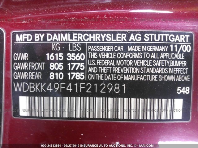 WDBKK49F41F212981 - 2001 MERCEDES-BENZ SLK 230 KOMPRESSOR MAROON photo 9