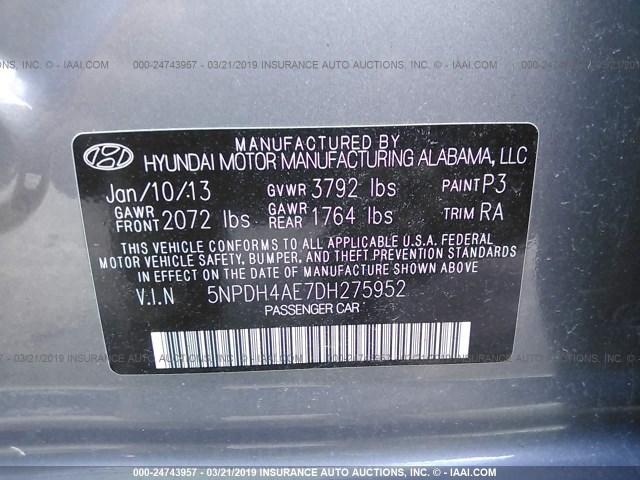 5NPDH4AE7DH275952 - 2013 HYUNDAI ELANTRA GLS/LIMITED GRAY photo 9