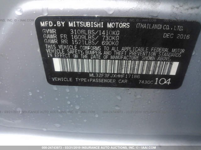 ML32F3FJXHHF17186 - 2017 MITSUBISHI MIRAGE G4 ES ვერცხლისფერი ფოტო 9