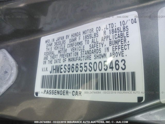 JHMES96655S005463 - 2005 HONDA CIVIC HYBRID GRAY photo 9