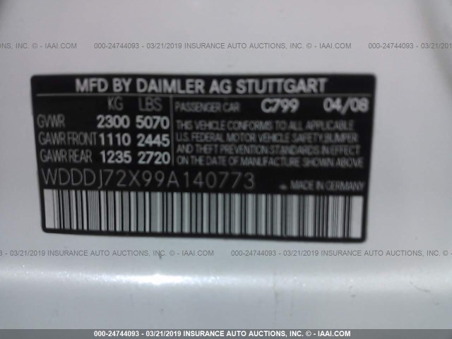 WDDDJ72X99A140773 - 2009 MERCEDES-BENZ CLS 550 WHITE photo 9