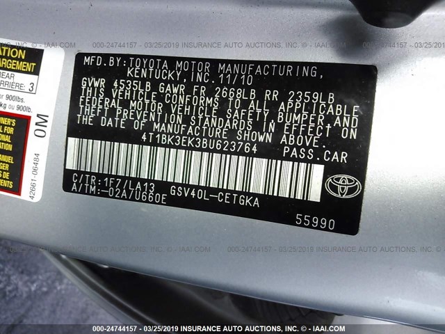 4T1BK3EK3BU623764 - 2011 TOYOTA CAMRY SE/LE/XLE SILVER photo 9