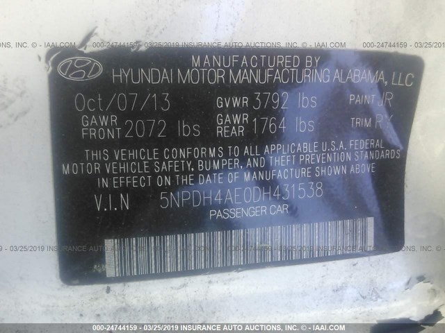 5NPDH4AE0DH431538 - 2013 HYUNDAI ELANTRA GLS/LIMITED WHITE photo 9