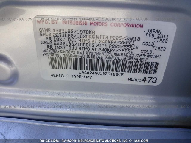 JA4AR4AU1BZ012945 - 2011 MITSUBISHI OUTLANDER SPORT SE SILVER photo 9