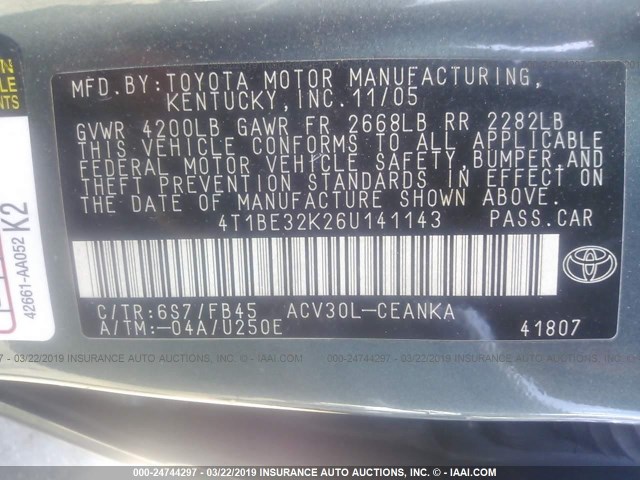 4T1BE32K26U141143 - 2006 TOYOTA CAMRY LE/XLE/SE GREEN photo 9