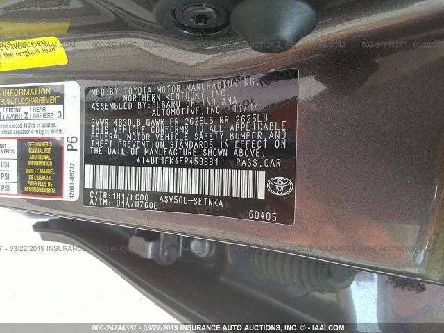 4T4BF1FK4FR459881 - 2015 TOYOTA CAMRY LE/XLE/SE/XSE 灰色 照片 9