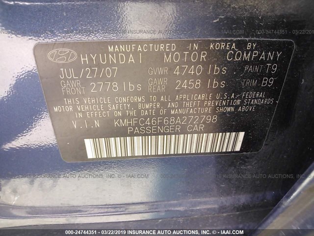 KMHFC46F68A272798 - 2008 HYUNDAI AZERA SE/LIMITED BLUE photo 9