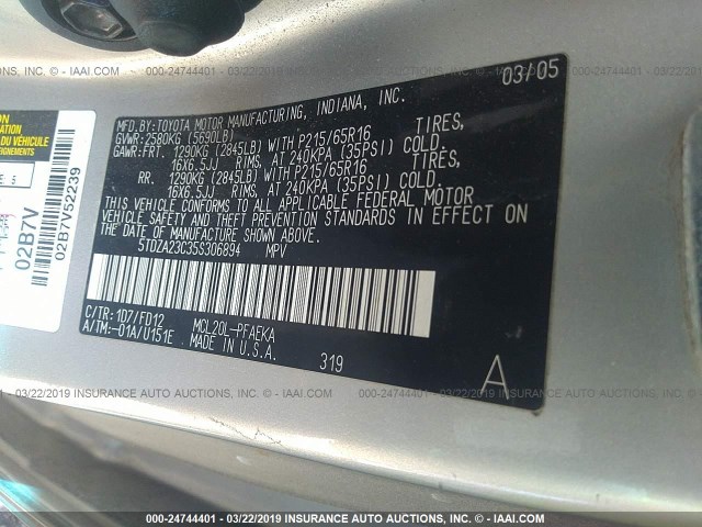 5TDZA23C35S306894 - 2005 TOYOTA SIENNA CE/LE SILVER photo 9