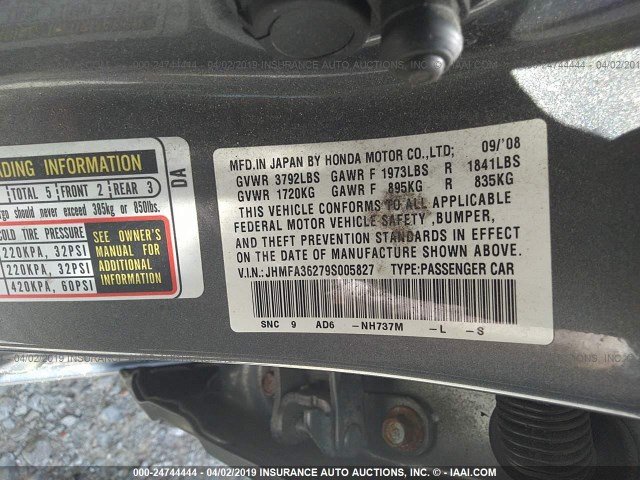 JHMFA36279S005827 - 2009 HONDA CIVIC HYBRID GRAY photo 9