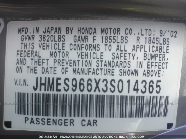 JHMES966X3S014365 - 2003 HONDA CIVIC HYBRID GOLD photo 9