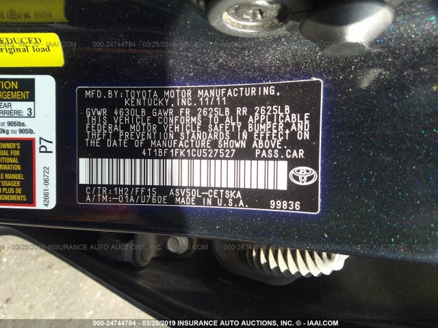 4T1BF1FK1CU527527 - 2012 TOYOTA CAMRY SE/LE/XLE BLUE photo 9