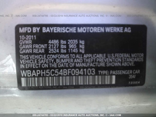 WBAPH5C54BF094103 - 2011 BMW 328 I SULEV SILVER photo 9