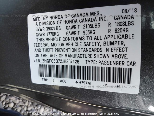 2HGFC3B72JH357126 - 2018 HONDA CIVIC EXL GRAY photo 9