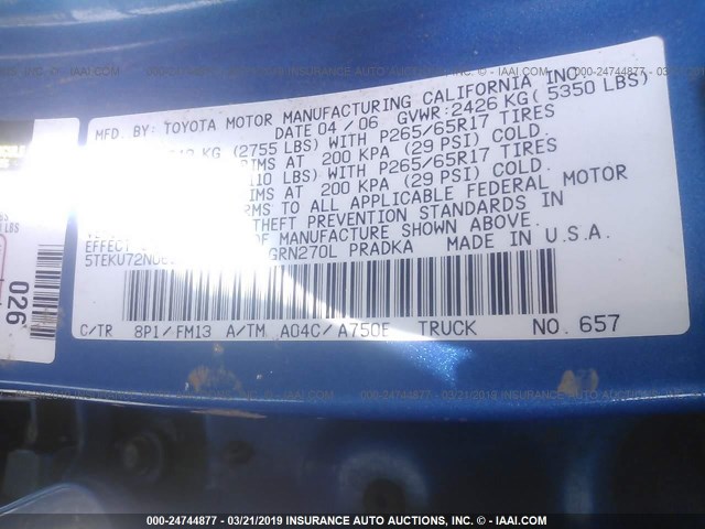 5TEKU72N06Z251978 - 2006 TOYOTA TACOMA DBL CAB PRERUNNER LNG BED BLUE photo 9