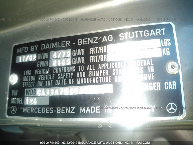 WDBCA33A7DB039516 - 1983 MERCEDES-BENZ 380 SEL GRAY photo 9