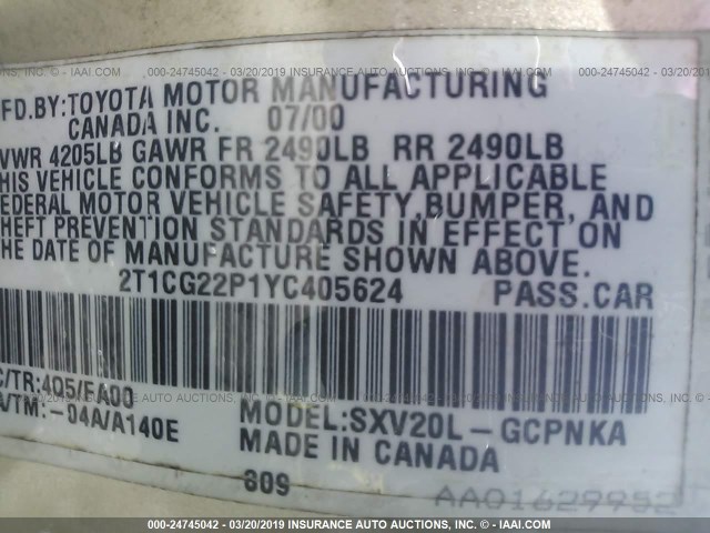 2T1CG22P1YC405624 - 2000 TOYOTA CAMRY SOLARA SE GOLD photo 9