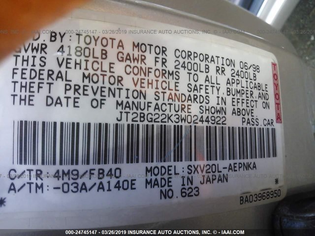 JT2BG22K3W0244922 - 1998 TOYOTA CAMRY CE/LE/XLE GOLD photo 9