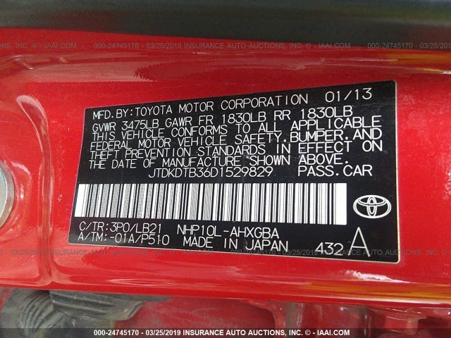 JTDKDTB36D1529829 - 2013 TOYOTA PRIUS C RED photo 9