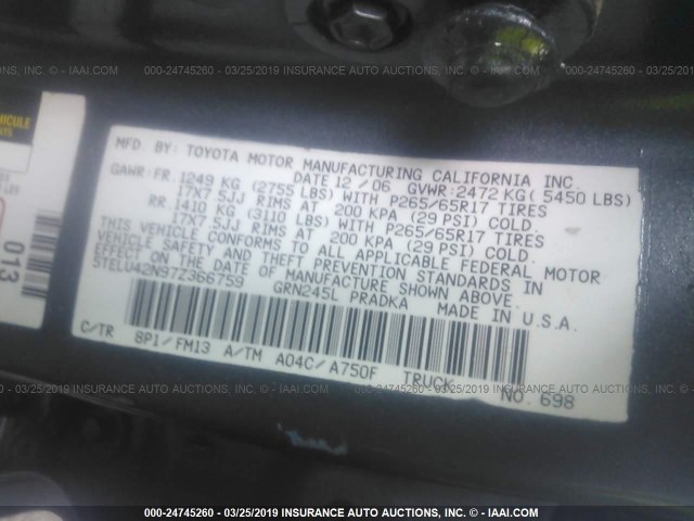 5TELU42N97Z366759 - 2007 TOYOTA TACOMA DOUBLE CAB GRAY photo 9